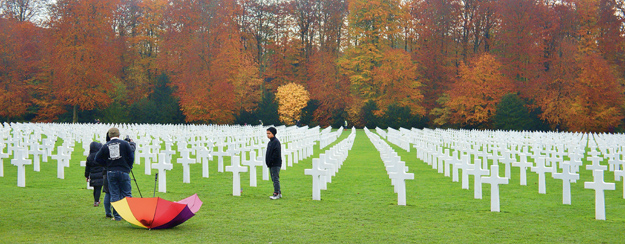 Photograph of Luxembourg American Cemetery, with umbrella, by Peter Free.